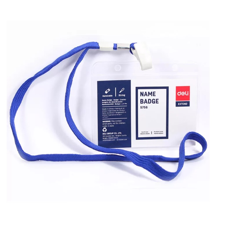 Бейдж  гориз. мет. зажим/тесьма 103*90мм Deli, пласт/50