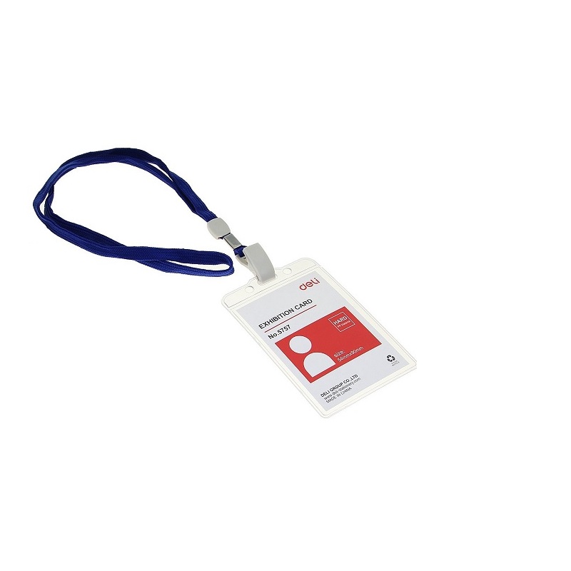 Бейдж  вертик. мет. зажим/тесьма 115*78мм Deli, пласт/50