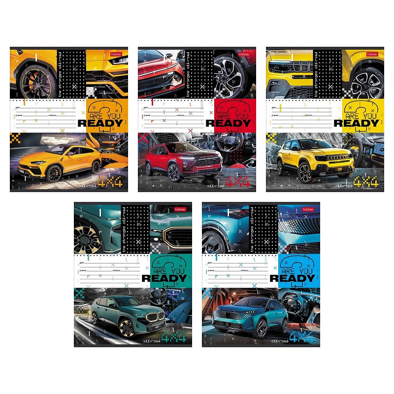 Тетрадь  А5  12л. кл. скоба  "Хатбер"Внедорожники", скруглен. уголки, 5 диз.