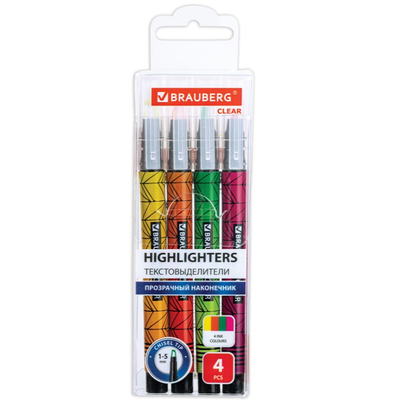 НАБОР 4цв. Текст.-маркер Brauberg "Clear" линия  1-5мм., ассорти