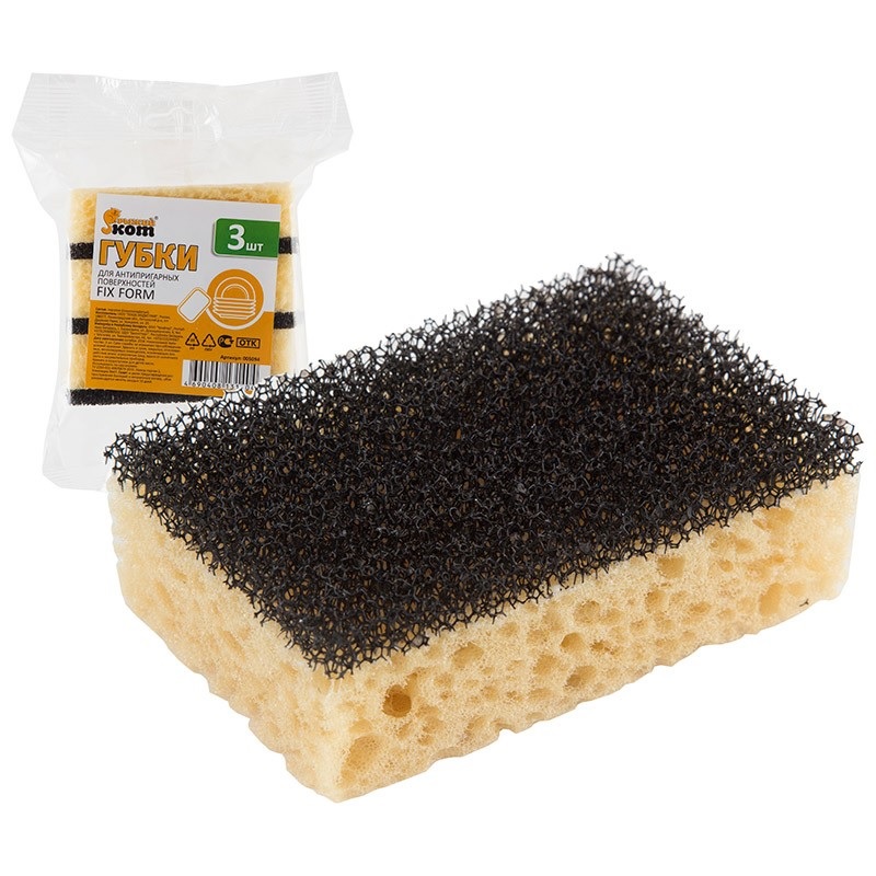 Губка д/посуды Рыжий кот FIX FORM 3 шт., 60х93х30мм, д/антипригарных поверхн.