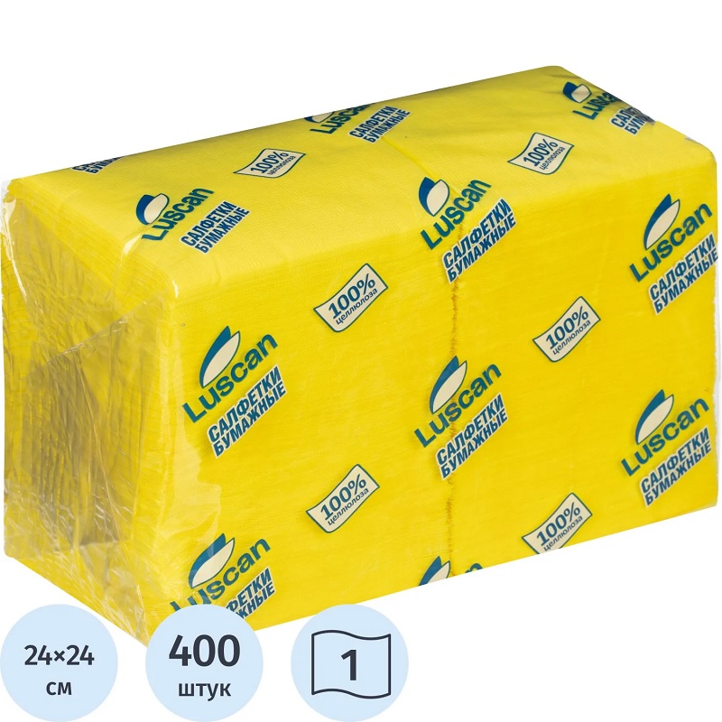 Салфетки 1 сл.(упак 400шт.) Luscan, 24см*24см, желтые