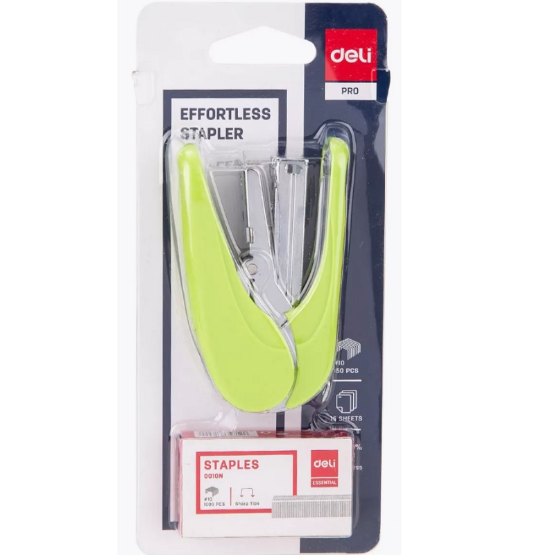 Степлер №10 + скобы на 10л. Deli (№0365), + скобы, салат. (комплект)