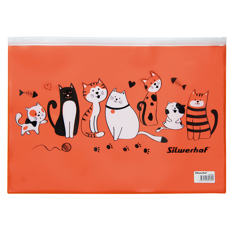 Папка на молнии А4 ZIP Silwerhof Cats, цв. оранж, молн.бел.