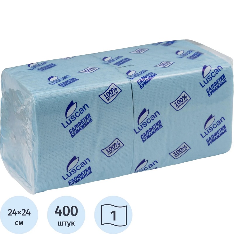 Салфетки 1 сл.(упак 400шт.) Luscan, 24см*24см, паст.голуб./10