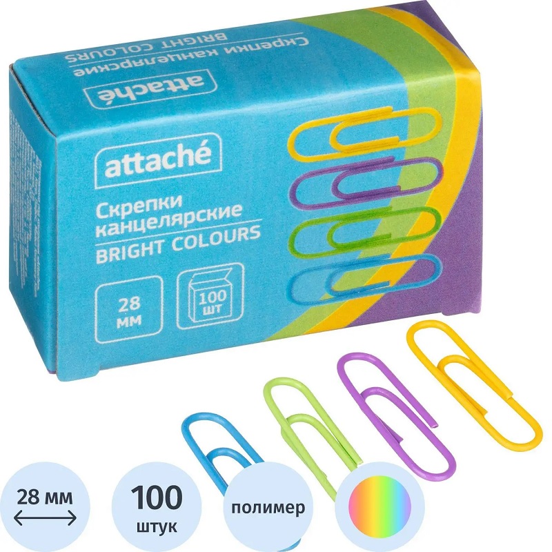 Скрепки цвет. 28 мм Attache Bright Colours (100шт.в упак.)