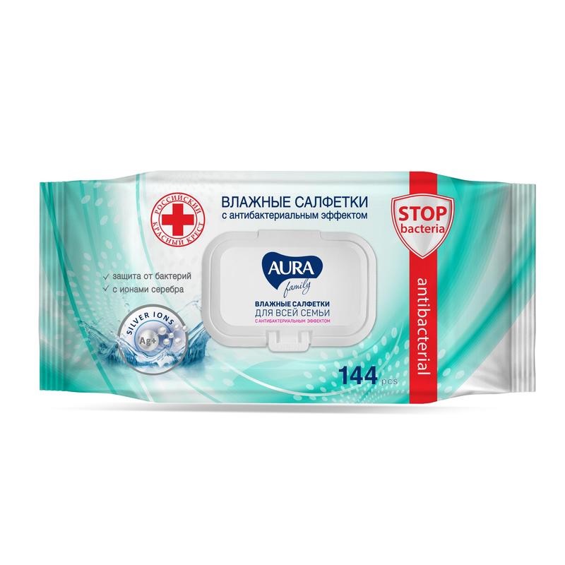 Салфетки влажные Aura 144 шт.д/всей семьи, Антибакт., крышка