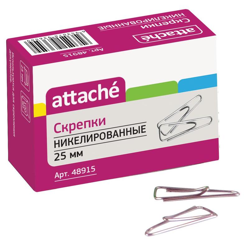 Скрепки метал. 25 мм угл. Attache никел. (100шт), к/уп./