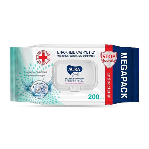 Салфетки влажные Aura 200 шт.д/всей семьи, крышка/12