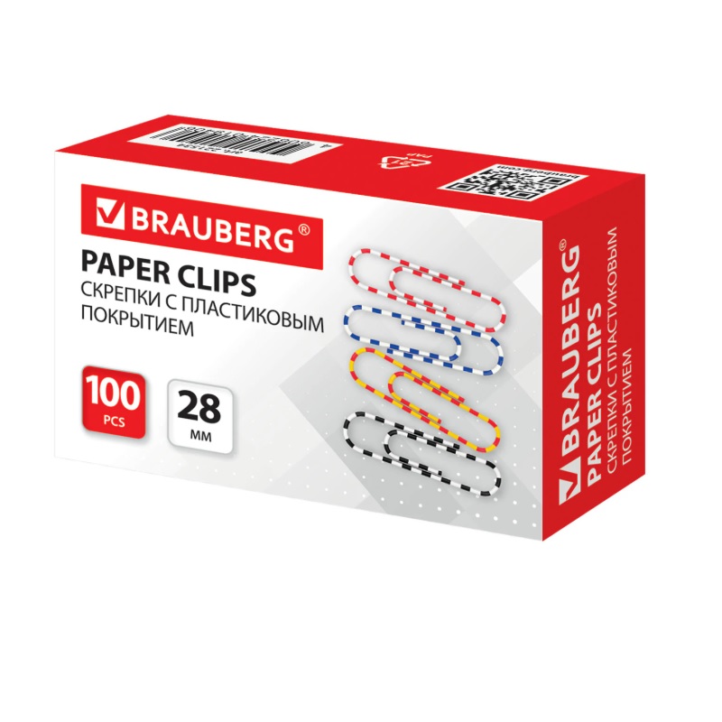 Скрепки цвет. 28 мм  Brauberg, с цвет.полосками, к/упак.(100шт)