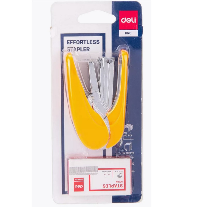 Степлер №10 + скобы на 10л. Deli (№0365), +скобы, оранж. (комплект)