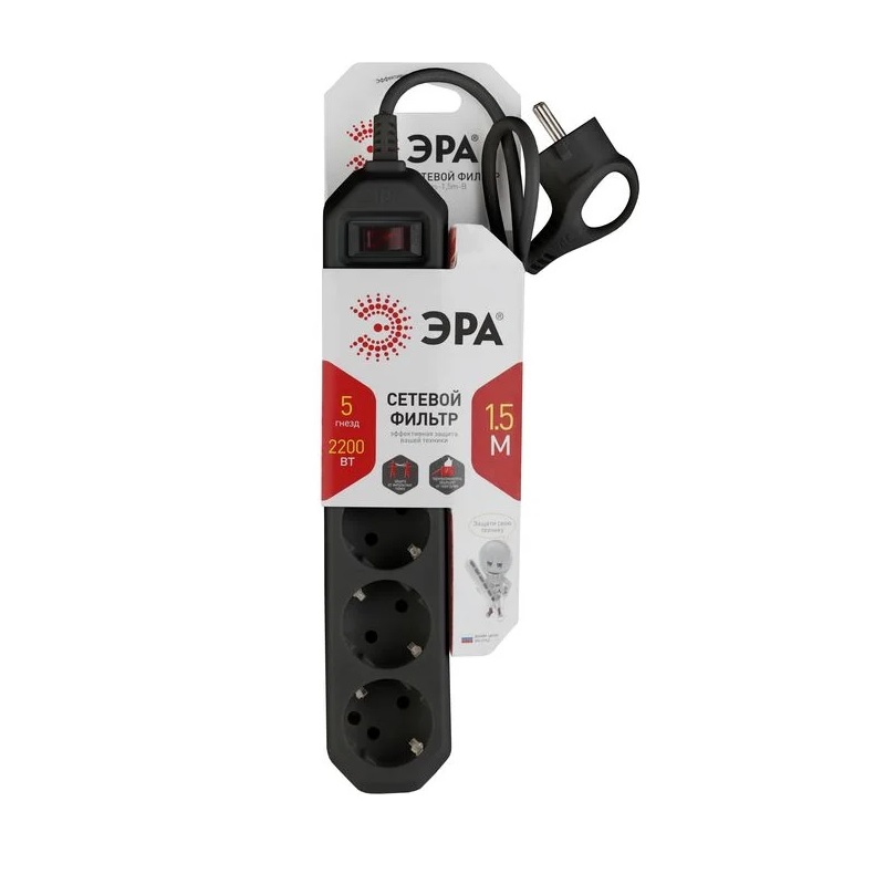 Сетевой фильтр-удлинитель 1,5м. 5 розеток ЭРА, с базов.защитой с заземл., 10А, черный