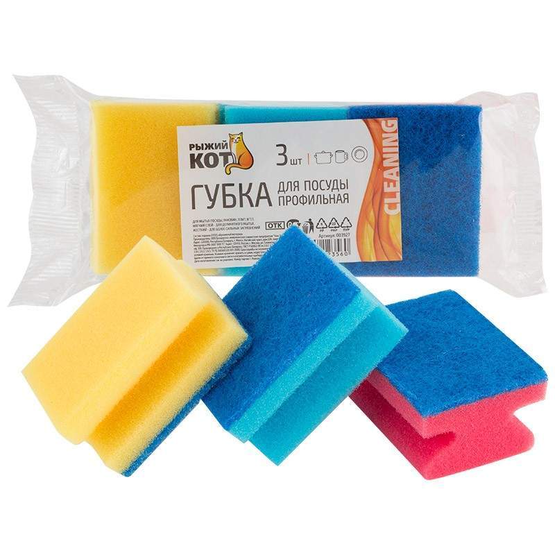 Губка д/посуды профильная Рыжий кот 3 шт./уп., 80х60х40мм