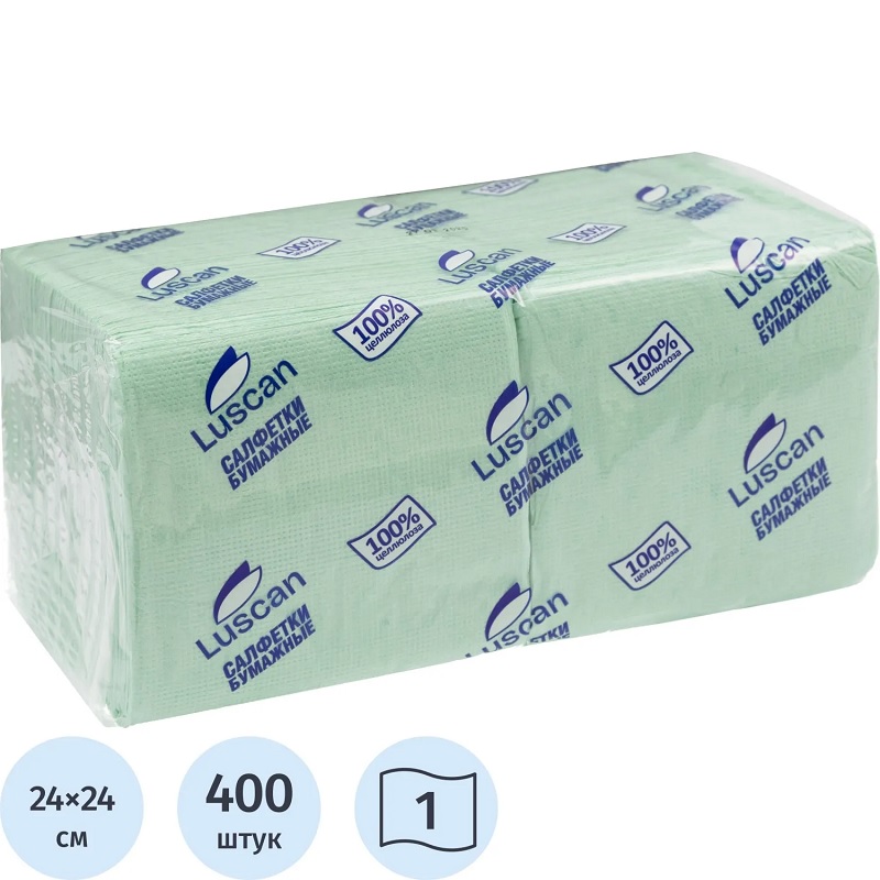 Салфетки 1 сл.(упак 400шт.) Luscan, 24см*24см, паст.салат./10