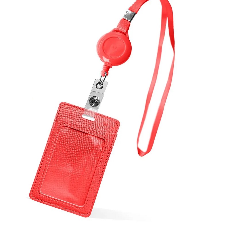 Бейдж с рулеткой+лента, кожзам.цвет. красный. "Basir"