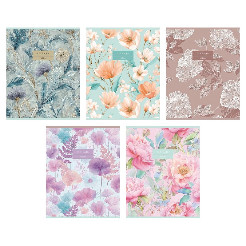 Тетрадь  А5  48л. кл. скоба "Хатбер"Дыхание цветов", пласт. обл с печатью тиснение, 5 дизайнов 