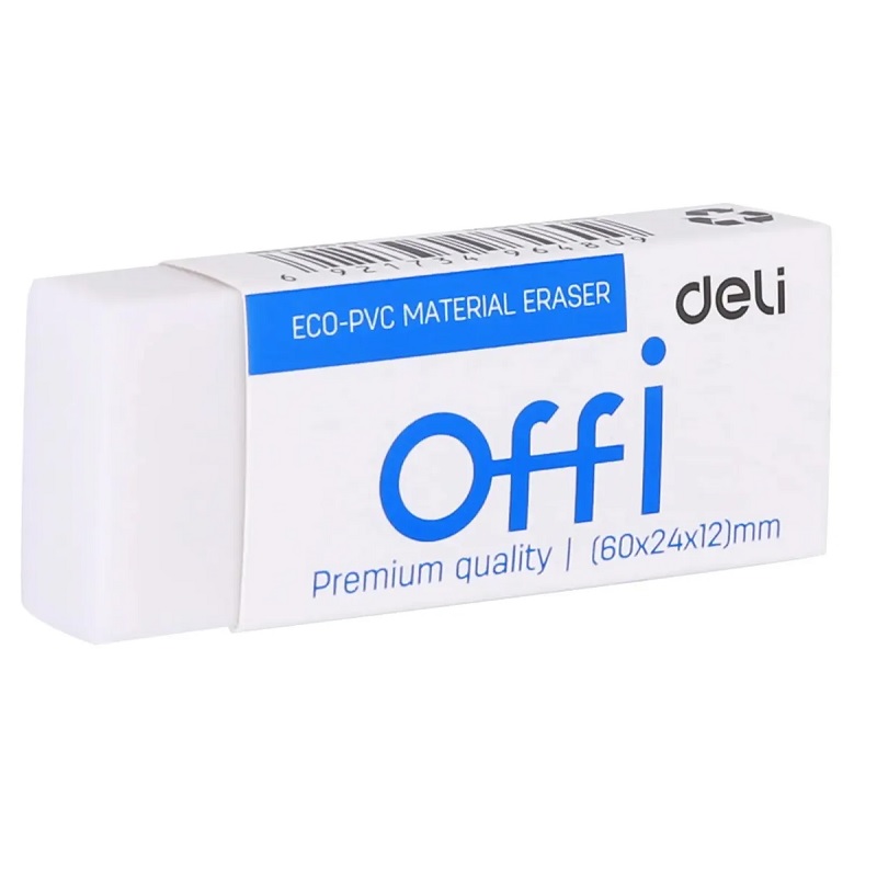 Ластик 60х24х12мм Deli Offi, ПВХ, белый
