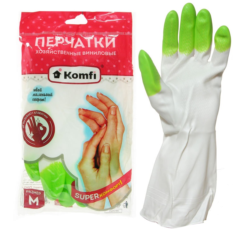 Перчатки Komfi виниловые ПВХ р.M, ассорти/12