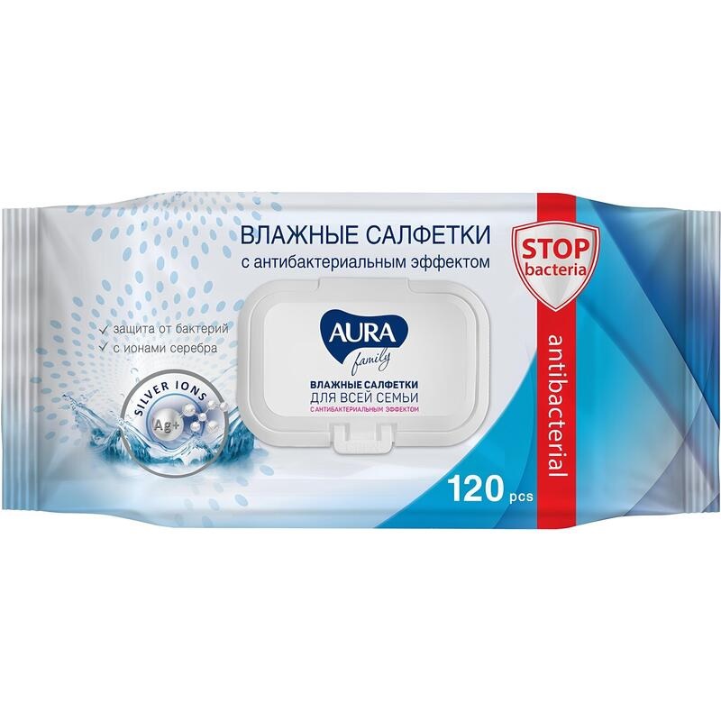 Салфетки влажные Aura 120 шт.д/всей семьи, Антибакт., крышка