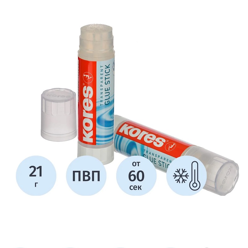 Клей-карандаш 21г Glue Stick Kores, прозрачный/12