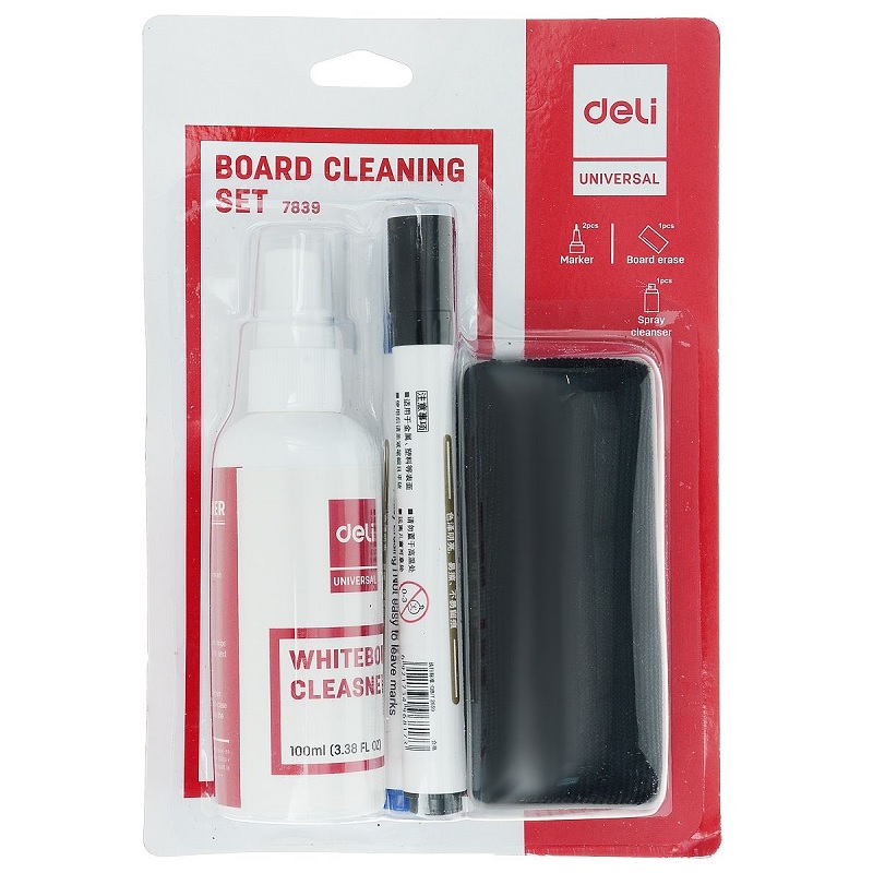Набор Deli для досок., спрей 100мл, 2 маркера черн + син, губка