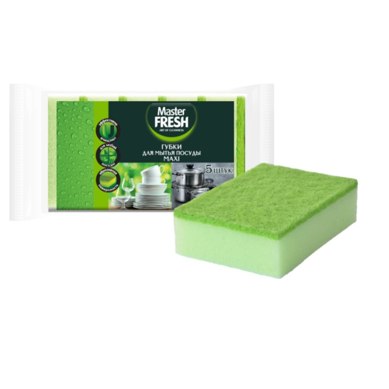 Губка д/посуды Master Fresh р.MAXI 5 шт., 95х65мм, лайм
