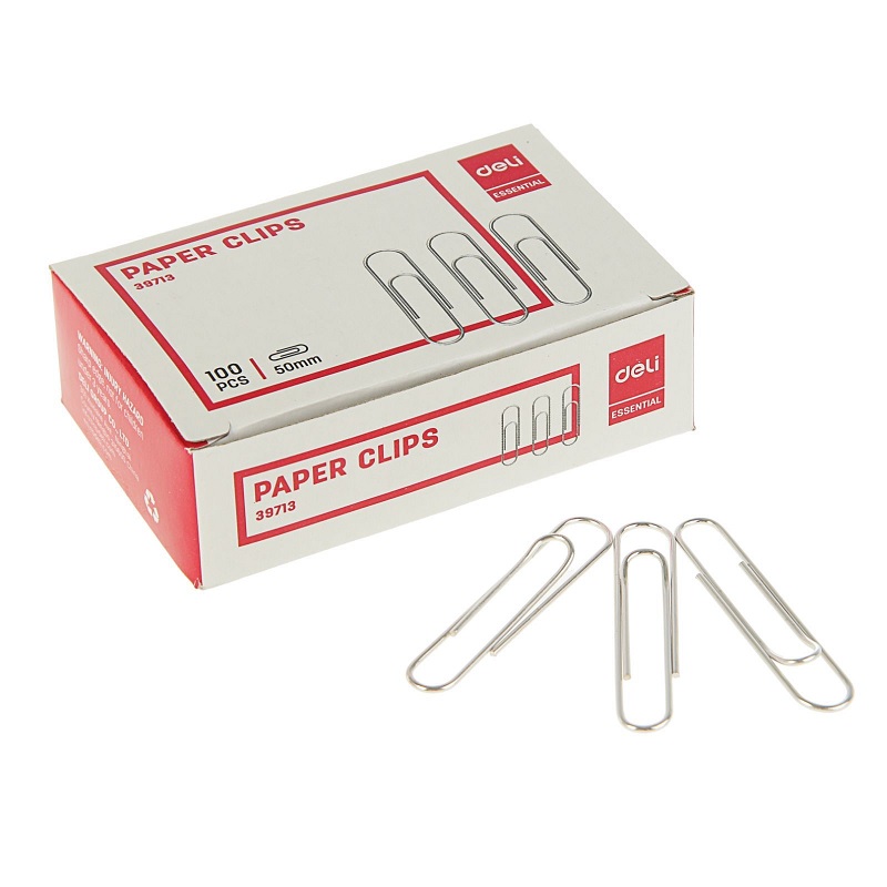 Скрепки метал. 50 мм Deli, никел. (100шт), карт.уп.