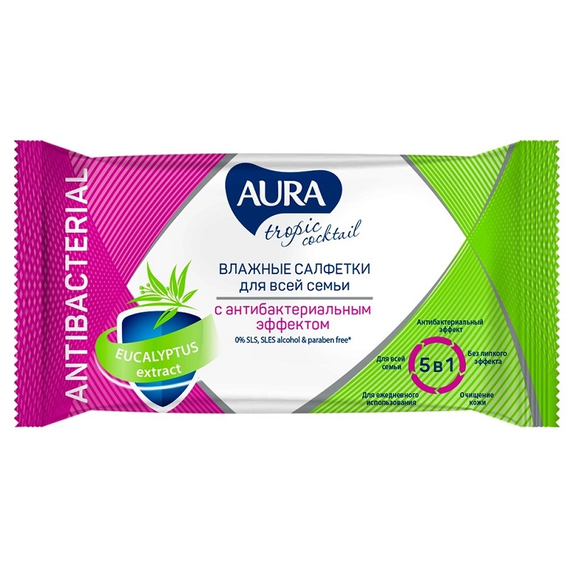 Салфетки влажные Aura 15шт. Антибактериальные Tropic cocktail