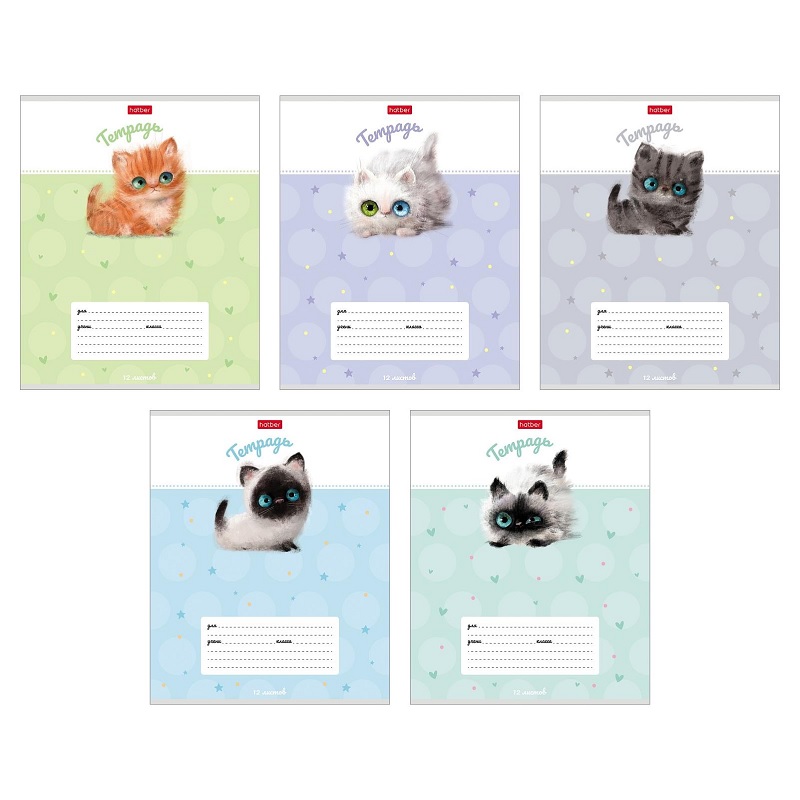 Тетрадь  А5  12л. кл. скоба  "Хатбер"Кошарики", скруглен.уголки, 5 диз.