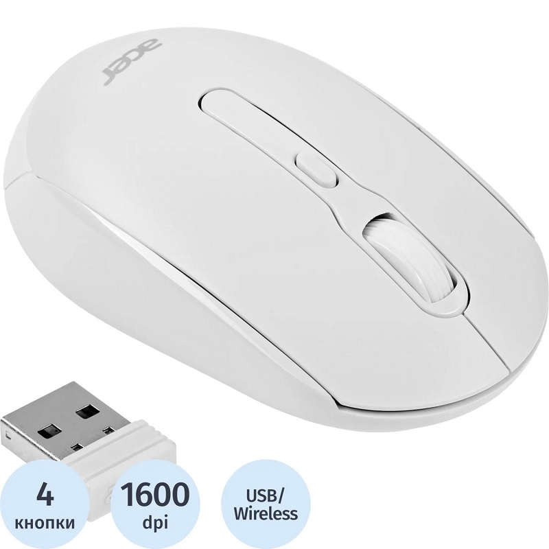 Мышь Acer OMR308 белый, оптическая беспровод. USB 
