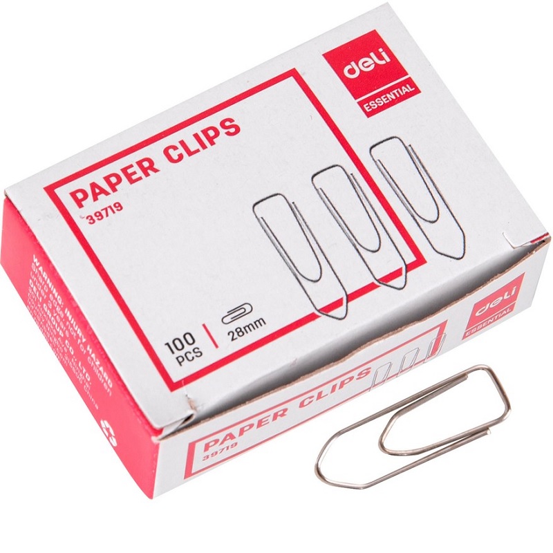 Скрепки метал. 28 мм Deli, никел. треуг. к/упак.(100шт)