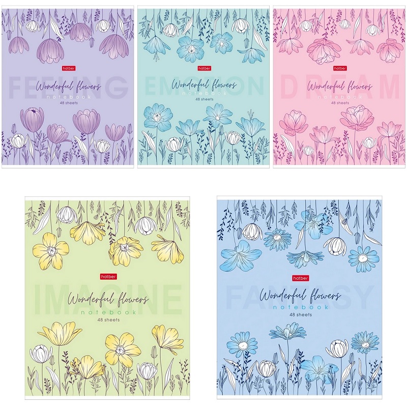 Тетрадь  А5  48л. кл. скоба  "Хатбер"Wonderful flowers", ламинац.Soft-touch, скруглен.уголки, 5 диз.