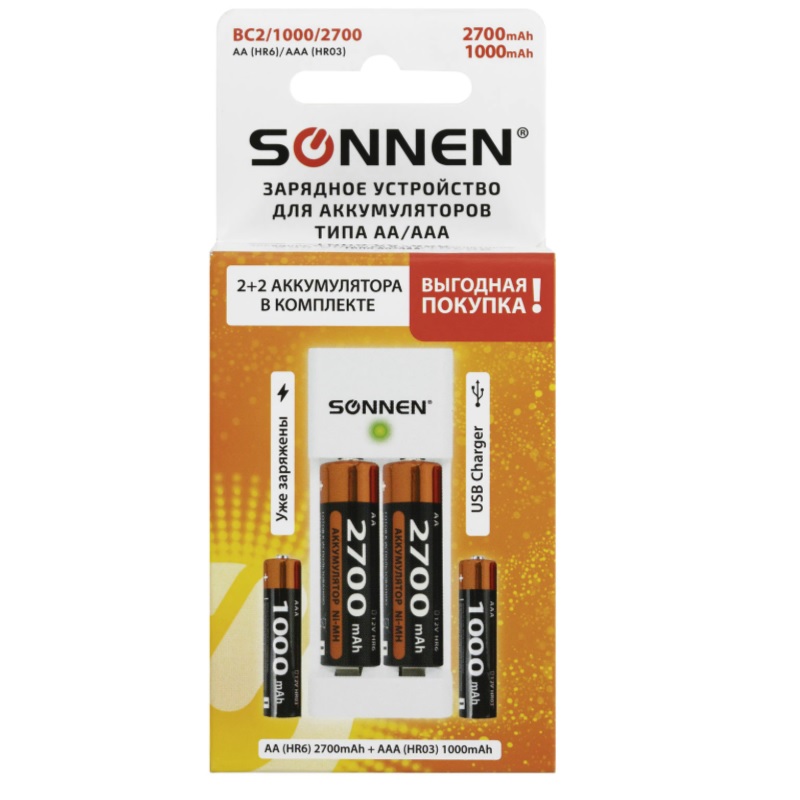 Зарядное уст-во "Sonnen BC2 АА+AAА (HR6+HR03) 4*2700mAh+1000mAh, с аккумулятор.