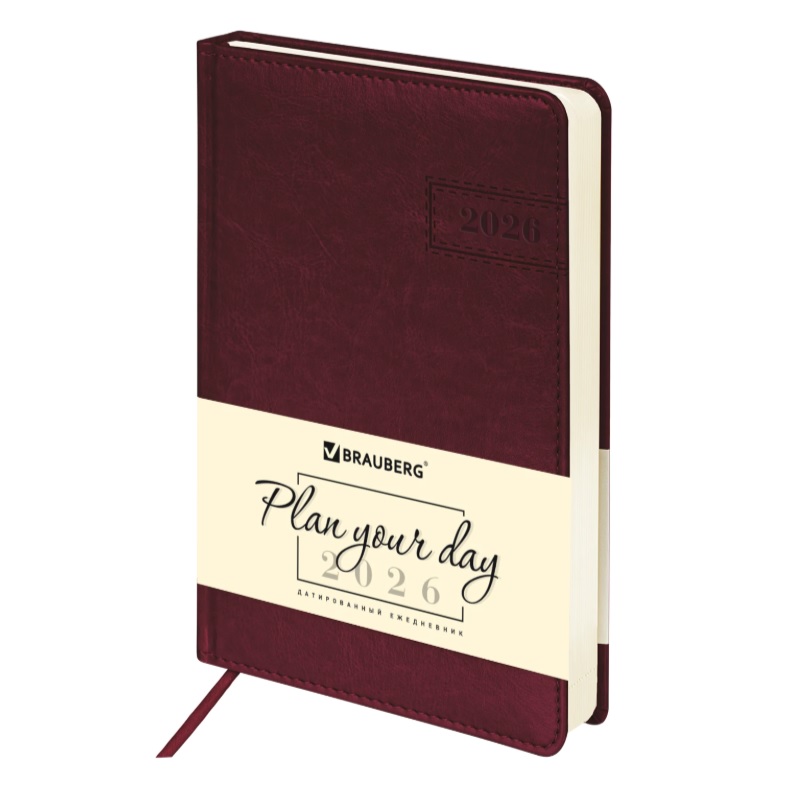 2026/Ежедневник А5 BRAUBERG Imperial, 138*213, под кожу, бордо
