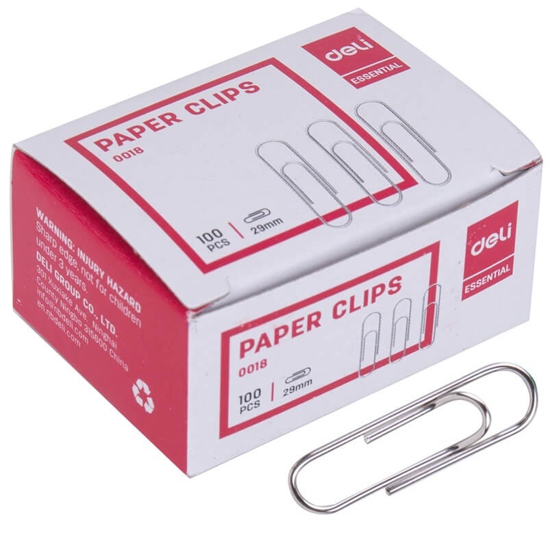 Скрепки метал. 29 мм Deli, никел. (100шт), карт.уп.