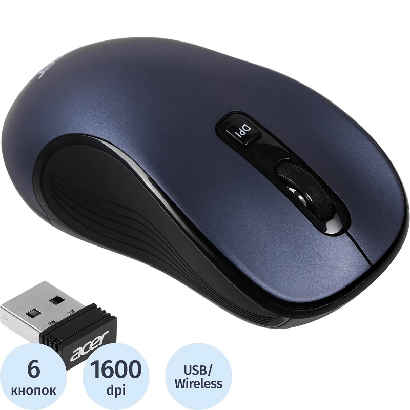 Мышь Acer OMR306 серо-черный, оптическая беспровод. USB 